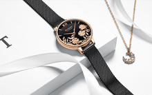 Load image into Gallery viewer, Womens Elegant Waterproof Clock With Decoupage Flower Details In Variant With Leather And Stainless Steel Knitted Belts
