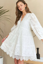 Load image into Gallery viewer, Lace Detail Tiered Eyelet V-Neck Babydoll Dress For Women – Feminine Boho Chic Dress, Fluttering, Elegant Lace &amp; Eyelet
