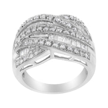 Load image into Gallery viewer, .925 Sterling Silver 1.0 Cttw Channel Set Alternating Round and Baguette Diamond Cross-over Bypass Ring Band (I-J Color, I2-I3 Clarity) - Size 7
