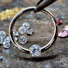 Load image into Gallery viewer, 16G 3/8 Solid 14k Yellow Gold 3mm Clear Cubic Zirconia Tension Captive Ring
