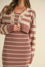 Load image into Gallery viewer, Stripe Crop Cardigan and Bodycon Dress Sweater Set – Two-Piece Knit Set, Striped Crop Cardigan Dress, Cozy Sweater Dress Set, Chic Layered Knit Outfit
