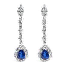 Load image into Gallery viewer, 18K White Gold 1 3/5 Cttw Diamond and 7X5 MM Pear Shaped Blue Sapphire 1 1/3 Inch Drop and Dangle Halo Earrings (G-H Color, VS1-VS2 Clarity)
