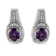 Load image into Gallery viewer, .925 Sterling Silver 8x6 MM Natural Oval Purple Amethyst Gemstone and Diamond Accent Art Deco Style Drop and Dangle Earrings (I-J Color, I1-I2 Clarity)
