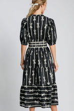 Load image into Gallery viewer, Bow Tie Print Notched Contrast Velvet Trim Midi Dress–Elegant Bow Tie Print, Modern Notched Neckline, Luxurious Velvet Trim, Sophisticated Midi Dress for Special Events
