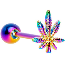 Load image into Gallery viewer, Rainbow Titanium Anodized 3-D Pot Leaf Barbell Tongue Ring
