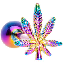 Load image into Gallery viewer, Rainbow Titanium Anodized 3-D Pot Leaf Barbell Tongue Ring
