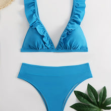Load image into Gallery viewer, New Elegance Curve V-Neck Bikini Set – Sleek Solid Color High Waist Swimsuit with High-Cut Leg and Delicate Lettuce Trim – Stretch Comfort and Easy-Care Two-Piece Swimwear for Women’s Poolside Style
