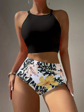 Load image into Gallery viewer, Island Bloom High Waist Bikini Set for Summer – Colorblock Tropical Print Two-Piece Swimsuit with Round Neckline Ultra-Stretch Fit &amp; Applique Detail – Stylish and Comfortable Women’s Swimwear for Pool Beach &amp; Summer Escapes
