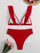Load image into Gallery viewer, New Elegance Curve V-Neck Bikini Set – Sleek Solid Color High Waist Swimsuit with High-Cut Leg and Delicate Lettuce Trim – Stretch Comfort and Easy-Care Two-Piece Swimwear for Women’s Poolside Style
