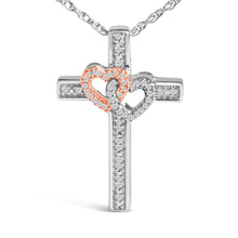 Load image into Gallery viewer, 14K Rose Gold Plated Sterling Silver 1/10 Cttw Diamond Cross &amp; Heart Pendant Necklace
