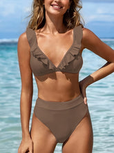 Load image into Gallery viewer, New Elegance Curve V-Neck Bikini Set – Sleek Solid Color High Waist Swimsuit with High-Cut Leg and Delicate Lettuce Trim – Stretch Comfort and Easy-Care Two-Piece Swimwear for Women’s Poolside Style
