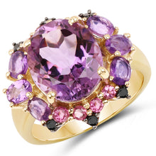 Load image into Gallery viewer, 14K Yellow Gold Plated 5.25 Carat Genuine Amethyst, Rhodolite and Blue Diamond .925 Sterling Silver Ring
