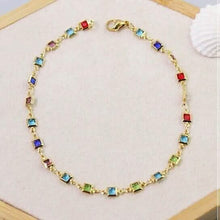 Load image into Gallery viewer, 18K Gold Plated Light Multi Color Crystal Square Ankle Bracelet

