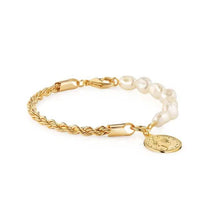 Load image into Gallery viewer, 18K Gold Rope and Pearl Bracelet with Coin Charm 8"

