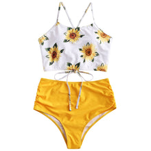 Load image into Gallery viewer, High Waist Bikini Sunflower Swimsuit Women Bikini Floral Swimsuit Floral Crop Tie Knot Front High Waist Bikini Set Two Piece Swimsuit For Women  Summer High Waisted Bathing Suit

