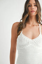 Load image into Gallery viewer, Crochet Crisscross Spaghetti Strap Mini Dress For Summer – Bohemian Crochet Dress, Trendy Crisscross Spaghetti Strap Dress, Flattering, Beach Day Mini Dress, Free-Spirited Summer Dress
