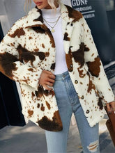 Load image into Gallery viewer, Trendy Black White Cozy Cow Print Collared Neck Button Up Fuzzy Jacket Modern &amp; Warm Outerwear
