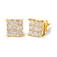 Load image into Gallery viewer, 14K Yellow Gold 1 1/2 Cttw Invisible Set Princess-Cut Diamond 9 Stone Square Stud Earrings (J-K Color, SI2-I1 Clarity)
