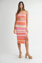 Load image into Gallery viewer, Multi Color Striped Front Cutout Knit Midi Dress For Summer – Vibrant Striped Knit Dress, Modern Cutout Midi Dress, Trendy Colorblock Dress, Chic Summer Event Dress
