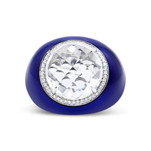 Load image into Gallery viewer, 18K White Gold 14mm White Quartz and 1/5 Cttw Diamond Halo with Blue Enamel Dome Ring (F-G Color, VS1-VS2 Clarity) - Ring Size 7
