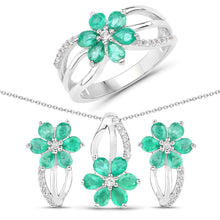 Load image into Gallery viewer, 3.61 Carat Genuine Emerald and White Topaz .925 Sterling Silver Set (Ring, Earrings, and Pendant )
