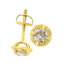 Load image into Gallery viewer, 14K Yellow Gold Plated .925 Sterling Silver 1.0 Cttw Round Brilliant Cut Diamond Solitaire Milgrain Stud Earrings (K-L Color, I2-I3 Clarity)
