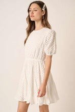 Load image into Gallery viewer, Eyelet Round Neck Puff Sleeve Mini Dress–Cute, Elegant, Feminine and Chic Mini Dress with Romantic Puff Sleeves and Delicate Eyelet Design
