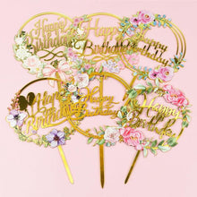 Load image into Gallery viewer, 1Pcs Metal Happy Birthday Cake Topper Artificial flowers Cake Toppers Happy Birthday Cake Topper Metal And Acrylic Cake Decoration With Pink Artificial Flower Cluster For DIY Baby Shower Birthday Party Decoration Baking Decor
