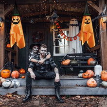 Load image into Gallery viewer, 2-Pack: Hanging Ghosts with Wizard Hat Snicker Scary Face

