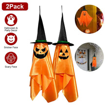 Load image into Gallery viewer, 2-Pack: Hanging Ghosts with Wizard Hat Snicker Scary Face
