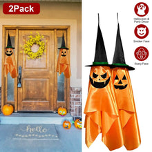 Load image into Gallery viewer, 2-Pack: Hanging Ghosts with Wizard Hat Snicker Scary Face
