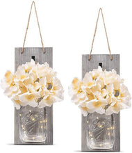 Load image into Gallery viewer, 2 Pack Rustic  Jar Fairy Strip Lights Wall Decor Hydrangea Sconces Decorative Home Chic Hanging LED FlowersHanging Design with Remote Control LED Fairy Lights and White Peony, Farmhouse Kitchen Decorations Wall Home Decor Living Room Lights Set of Two

