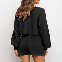 Load image into Gallery viewer, 2-Piece: Knit Outfits Puff Sleeve Crop Top Shorts Set Sweater Sweatsuit
