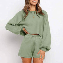 Load image into Gallery viewer, 2-Piece: Knit Outfits Puff Sleeve Crop Top Shorts Set Sweater Sweatsuit
