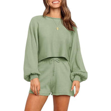 Load image into Gallery viewer, 2-Piece: Knit Outfits Puff Sleeve Crop Top Shorts Set Sweater Sweatsuit
