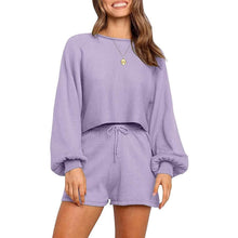 Load image into Gallery viewer, 2-Piece: Knit Outfits Puff Sleeve Crop Top Shorts Set Sweater Sweatsuit
