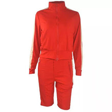 Load image into Gallery viewer, 2-Piece: Lapel Neck Zipper Color Matching Long Sleeve Fleece Sport Casual Shorts
