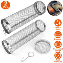 Load image into Gallery viewer, 2-Piece: Portable BBQ Rolling Basket Round Stainless Steel Grill
