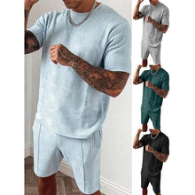 Load image into Gallery viewer, 2-Piece Set: Crew Neck Striped Athleisure Short Sleeve
