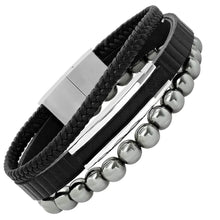 Load image into Gallery viewer, 2-Piece Set: Men's Layered Black Leather, Stainless Steel and Hematite Beads Bracelet

