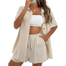 Load image into Gallery viewer, 2-Piece Set: Tracksuit Outfit Sets Cotton Linen Shirt and High Waisted Mini Shorts Set
