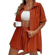 Load image into Gallery viewer, 2-Piece Set: Tracksuit Outfit Sets Cotton Linen Shirt and High Waisted Mini Shorts Set

