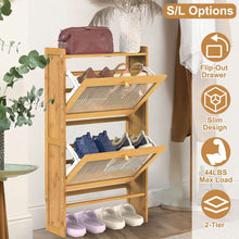 Load image into Gallery viewer, 2-Tier Shoe Cabinet with 2 Flip Drawers Slim Bamboo Rack Narrow Shoe Organizer
