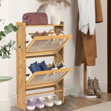 Load image into Gallery viewer, 2-Tier Shoe Cabinet with 2 Flip Drawers Slim Bamboo Rack Narrow Shoe Organizer
