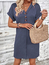 Load image into Gallery viewer, Elegant Button V-Neck Short Sleeve Dress Flattering Casual &amp; Office Wear Simple Dress
