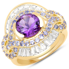 Load image into Gallery viewer, 14K Yellow Gold Plated 3.93 Carat Genuine Amethyst, Tanzanite and White Topaz .925 Sterling Silver Ring

