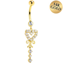 Load image into Gallery viewer, 16G Solid 14K Yellow Gold SCROLL DROP HEART Cubic Zirconia Belly Ring
