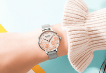 Load image into Gallery viewer, Womens Elegant Waterproof Clock With Decoupage Flower Details In Variant With Leather And Stainless Steel Knitted Belts
