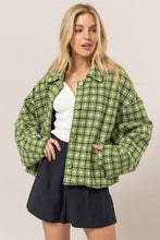 Load image into Gallery viewer, Cute Green Tweed Plaid Button Up Collared Neck Jacket Classic &amp; Elegant Layering Piece Everyday Jacket
