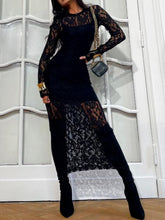 Load image into Gallery viewer, Black Lace Round Neck Long Sleeve Midi Dress Timeless &amp; Elegant Design Women Dress
